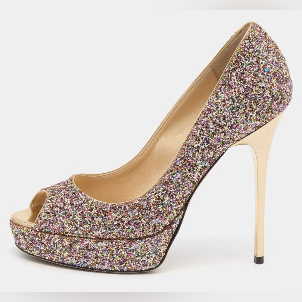 EUC - Jimmy Choo Golden Multicolor Coarse Glitter Crown Peep Toe Platform Pumps